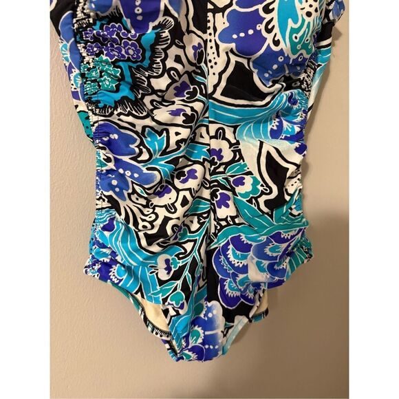Maxine Of Hollywood 18 One Piece Swimsuit Blue Abstract Floral Slimming Ruched - Picture 4 of 7
